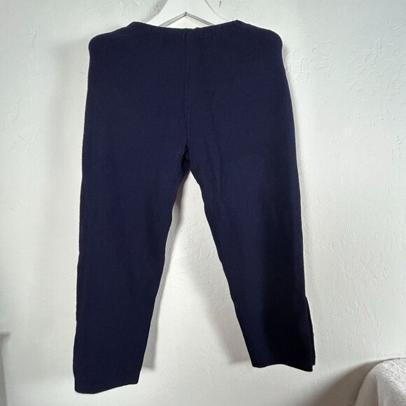 Womens Navy Elastic Waist Cropped Pants Knit High Rise Pockets Casual Pull-On - Picture 2 of 8